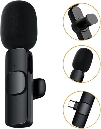 Type-c 2 Adet Mikrofonlu Tek Alıcılı Kablosuz Cep Telefonu İçin USB C Girişli Gürültü Önleyicili Profesyonel Dış Mekan Vlog Canlı Yayın Youtuber Yaka Mikrofonu Siyah