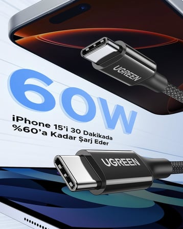 USB-C 60W 3A QC PD Örgülü Hızlı Şarj Kablosu, 2 Metre, Siyah, 65245
