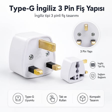 PrimeX PX-420 Türk Prizini İngiliz Prize Çevirici Adaptör, 250V Type-G UK Priz Dönüştürücü, Hac Umre ve Seyahat İçin İngiliz Tipi Priz Çevirici, Beyaz