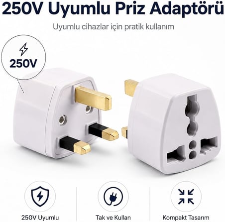 PrimeX PX-420 Türk Prizini İngiliz Prize Çevirici Adaptör, 250V Type-G UK Priz Dönüştürücü, Hac Umre ve Seyahat İçin İngiliz Tipi Priz Çevirici, Beyaz