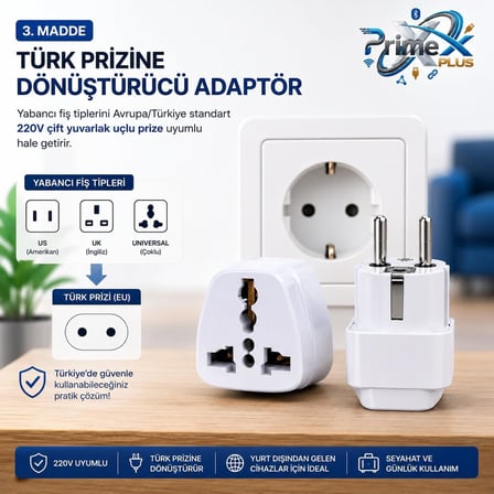 PrimeX PX-AMC1 Universal Priz Dönüştürücü, Amerikan Priz ve İngiliz Priz Türk Çevirici Adaptör, US/UK to EU Türk Fiş Adaptörü Seyahat Tipi Çevirici