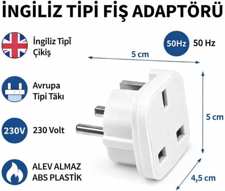 İngiliz Tipi Fiş Adaptörü UK 'den TR Priz Dönüştürücü, Avrupa Giriş Uyumlu, Seyahat Tipi Elektrik Adaptörü, Laptop Telefon Şarj Uyumlu, Dayanıklı ABS Plastik, Kompakt Tasarım
