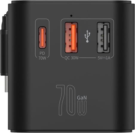 Priz Dönüştürücü | 70W GaN Hızlı Şarj 200+ Ülke Dahili USB-C Kablo USB-C 2x USB-A X6411
