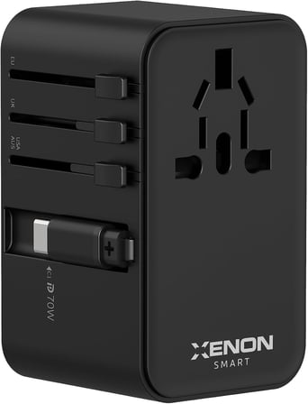 Priz Dönüştürücü | 70W GaN Hızlı Şarj 200+ Ülke Dahili USB-C Kablo USB-C 2x USB-A X6411