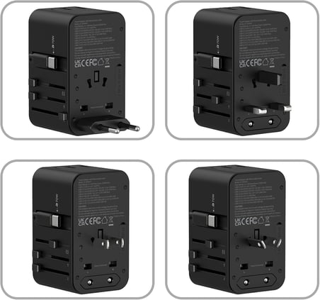 Priz Dönüştürücü | 70W GaN Hızlı Şarj 200+ Ülke Dahili USB-C Kablo USB-C 2x USB-A X6411