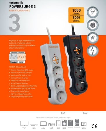TSK19009 POWERSURGE 3-SURGE PROTECTION PLUG-1050 JOULE-WITH CABLE BEYAZ