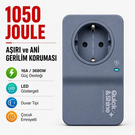 1050 Joule 16A Akım Korumalı Tekli Priz Quick&Shine - LED Göstergeli, Duvar Tipi, Aşırı ve Ani Gerilim Koruyucu, Buzdolabı, Çamaşır ve Kurutma Makinesi, Kombi, TV İçin