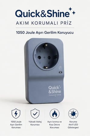 1050 Joule 16A Akım Korumalı Tekli Priz Quick&Shine - LED Göstergeli, Duvar Tipi, Aşırı ve Ani Gerilim Koruyucu, Buzdolabı, Çamaşır ve Kurutma Makinesi, Kombi, TV İçin
