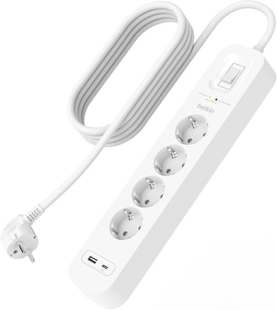 4'lü çoklu priz, yüksek gerilim korumalı, duvara montaj, 4 priz, 2 m güç kablosu, yeşil ışıklı gösterge, hızlı şarj için USB C PD’li USB-C ve USB-A bağlantısı; 525 jul koruma