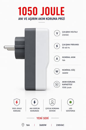 Dotvolt 1050 Joule Akım Korumalı Tekli Topraklı Priz, Aşırı ve Ani Gerilim Koruyucu, 16A 3680W, Yıldırım Etkilerine Karşı Koruma