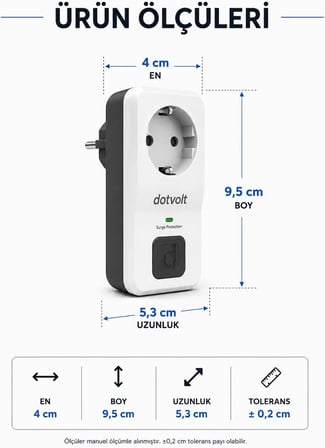 Dotvolt 1050 Joule Akım Korumalı Tekli Topraklı Priz, Aşırı ve Ani Gerilim Koruyucu, 16A 3680W, Yıldırım Etkilerine Karşı Koruma