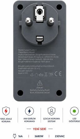 Dotvolt 1050 Joule Akım Korumalı Tekli Topraklı Priz, Aşırı ve Ani Gerilim Koruyucu, 16A 3680W, Yıldırım Etkilerine Karşı Koruma