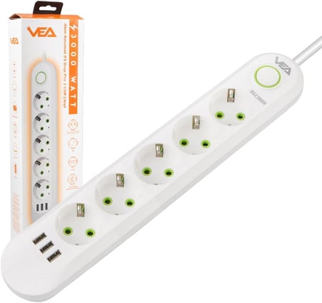 Akım Korumalı, 5'li Çoklu, 3 Usb, 1.5 Mt Kablo, Anahtarlı Grup Priz, Usbli, Isıya Dayanıklı, 3000 Watt Gücünde