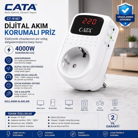 Dijital Ekranlı Akım Korumalı Priz Cata CT-9197