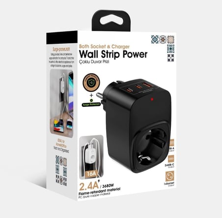 Akım Korumalı Priz 1x Priz, 2x Type-C, 1x USB Port Çıkışlı Tekli (Siyah)