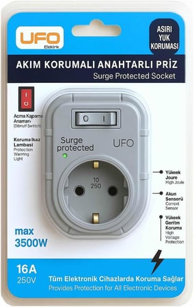 Yeni Tekli Akım Korumalı Anahtarlı Topraklı Priz, Sürekli Koruma, 16A 250V, Max 3500W Aşırı Yük Koruması (Gri)