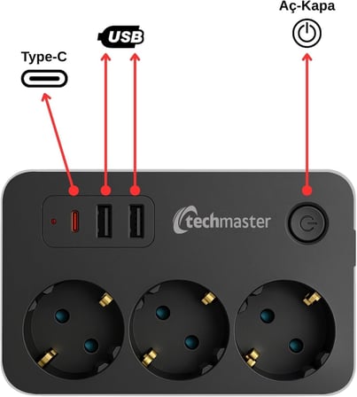 2 Usb + Type-C Akım ve Çocuk Korumalı 3lü Kare Priz 2mt