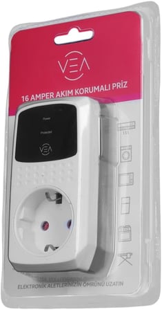 Parcbeny 25532 Vea Serisi 16A 4000W TEKLİ AKIM KORUMALI PRİZ AŞIRI YÜKSEK GERİLİM Çocuk güvenlik mekanizması vardır