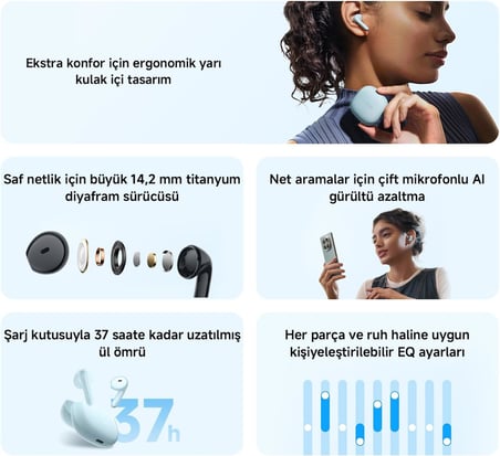 Redmi Buds 8 Active Black Kablosuz Bluetooth Kulaklık, Güçlü Bas Performansı, Yapay Zeka Destekli Gürültü Azaltma, Uzun Pil Ömrü, Siyah