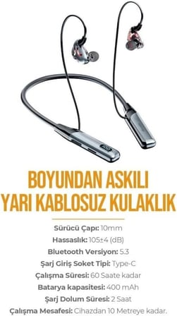 AZ-BN02 Boyun Askılı Bluetooth Kulaklık (400mah, 60 saat bekleme) (AZ-BN02)