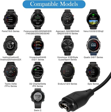Garmin ile Uyumlu USB Şarj Kablosu – Active S, Epix, Fenix, Forerunner, Venu, Vivoactive, Enduro, Instinct, Approach, Swim, Move Luxe Modelleri ile Uyumlu – Hızlı Şarj ve Veri Transferi