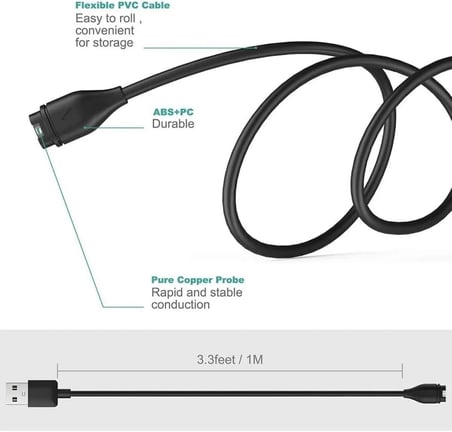 USB Şarj ve Veri Kablosu, Garmin Fenix 5/7/7s/7x/6/6s Uyumlu, 1m, Siyah