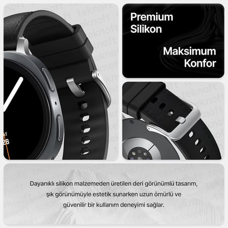 Samsung Galaxy Watch 9/8 (40mm/44mm) ve Watch 8 Classic (46mm) ile Uyumlu Metal Bağlantılı, Konforlu ve Yumuşak Deri Görünümlü Silikon Kordon