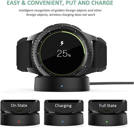 Samsung Gear S2 Sport, S2 - S3 Classic, S3 Frontier, Galaxy Sport, Galaxy Watch 42 mm ve 46 mm İle Uyumlu Kablosuz Şarj Standı Akıllı Saat Şarj İstasyonu - Siyah