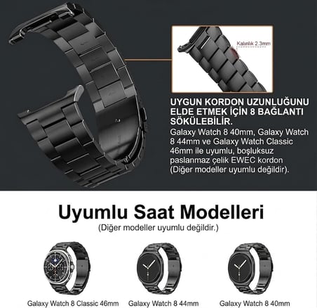Samsung Galaxy Watch 9 / Watch 8 (40mm/44mm) ve Watch 8 Classic (46mm) Uyumlu Üç Bakla Paslanmaz Çelik Kordon – Boşluksuz (No Gap) Tasarım, Dolu Metal, Baklası Çıkarılabilir Kayış