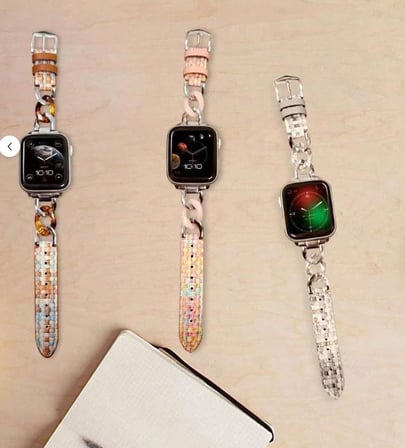 Apple Watch 38/40/41/42 mm Uyumlu Deri Bileklik Kayışı, Renkli Örgülü Desen, Metal Zincir Tasarım