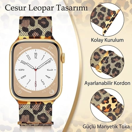 Apple Watch Uyumlu Milano Loop Paslanmaz Çelik Hasır Kordon - 38mm/40mm/41mm/42mm(Series 10-11) Uyumlu - Apple Watch SE 3/2/1 & Watch Ultra 3/2/1 & Series 11 10 9 8 7 6 5 4 3 2 1 (Gold Leopar)