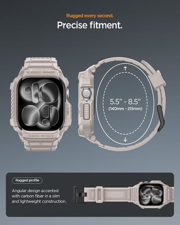 Apple Watch 46mm Seri 11/10 ile Uyumlu Kılıf & Kordon Kayış Rugged Armor Pro 2 Dune Beige - ACS10506