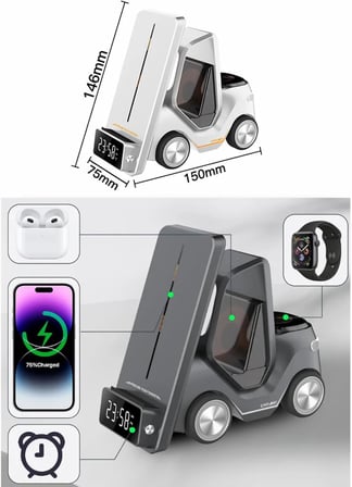 T20 15W 5'i 1 Arada Magsafe Kablosuz Şarj İstasyonu, Dijital Saatli Forklift Tasarım, iPhone 16/15/14/13/12, Apple Watch, AirPods Uyumlu Masaüstü Hızlı Şarj Standı (Siyah)