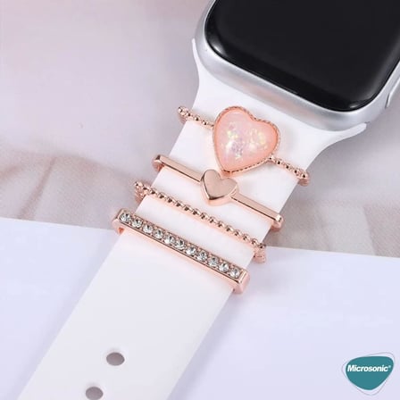 Apple Watch 11 46mm için Kordon Süsü Charm İnci Kalp Rose Gold [Watch Series 11 46mm ile Uyumlu Kordon - Rose Gold]