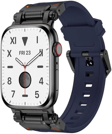 Apple İle Uyumlu Watch 42mm KRD-101 Titanyum Metal Başlıklı Silikon Kordon Siyah-Mavi