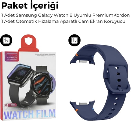 Samsung Galaxy Watch 8 / Watch 8 Classic (40mm/44mm/46mm) Uyumlu Premium Yumuşak Silikon Spor Kordon + Kolay Uygulama Aparatlı 9H Tempered Glass Ekran Koruyucu Seti