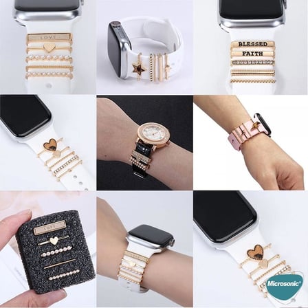Apple Watch 8 45mm Kordon Süsü Charm İnci Kalp Rose Gold