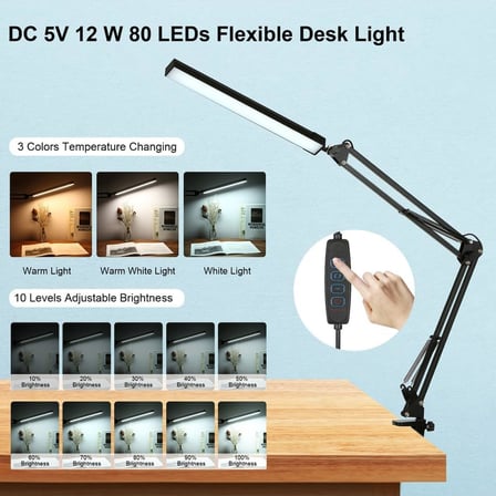 Sıkıştırmalı Metal 3 Renk Modlu Katlanabilir LED Işık Masa Lambası Klipsli Masa Lambası 10 Parlaklık Seviyesi, Kitap Okuma Lambası, Yatak Lambası