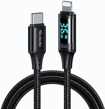 Ca-1030 36W Type-C To Lightning Dijital Göstergeli Data-Şarj Kablosu 1.2M, Siyah
