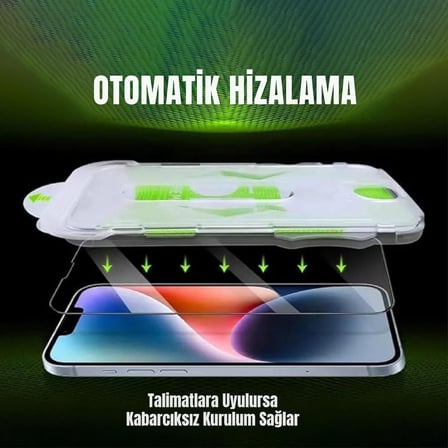 Apple iPhone 17e /iPhone 16e /iPhone 13/ iPhone 13 Pro/iPhone 14 İle Uyumlu Hizalama Aparatlı ve Takılırken Cam Altında Toz Bırakmaz Darbelere Karşı Ekstra Güçlü Ekran Koruyucu Cam