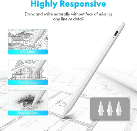 iPad(2018-2024) için Stylus Kalem,iPad Pro 11/13 inç M4,iPad Air 11/13 inç M2,iPad 10/9/8/7/6,iPad Air 5/4/3,iPad Pro 11/12.9",iPad Mini 6/5 için Eğim Sensörlü Avuç İçi Reddi Aktif Stylus Kalem