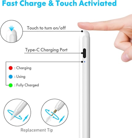 iPad(2018-2024) için Stylus Kalem,iPad Pro 11/13 inç M4,iPad Air 11/13 inç M2,iPad 10/9/8/7/6,iPad Air 5/4/3,iPad Pro 11/12.9",iPad Mini 6/5 için Eğim Sensörlü Avuç İçi Reddi Aktif Stylus Kalem