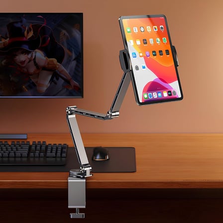 Premium Alüminyum Tablet ve Telefon Standı, iPad ile Uyumlu, 4.7-12.9 inç Uyumlu 360° Döner Kelepçeli Masa Tutucu, Ayarlanabilir, Güçlü Sıkıştırma, T01 Flat
