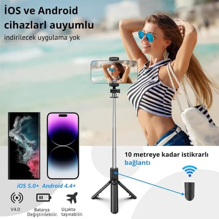Selfie Çubuğu Tripod – 3’ü 1 Arada Bluetooth Uzaktan Kumandalı Telefon Tutucu, 360° Döner Başlık, iOS & Android Uyumlu, Vlog YouTube TikTok Video Çekimi için Hafif Tripod