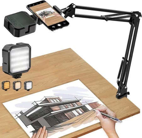 Üstten Çekim Masa Telefon Tutucu | Katlanabilir ve 360° Döner Ayarlanabilir Stand, Video Çekimi ve Canlı Yayın için Sabit Kelepçeli Tripod Braketi, + AY-49 Led Işık | CZ45