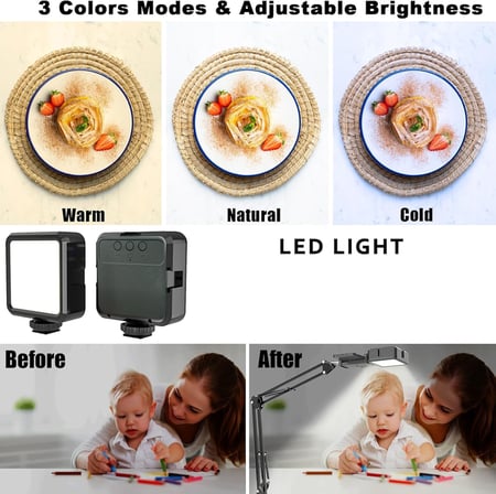 Üstten Çekim Masa Telefon Tutucu | Katlanabilir ve 360° Döner Ayarlanabilir Stand, Video Çekimi ve Canlı Yayın için Sabit Kelepçeli Tripod Braketi, + AY-49 Led Işık | CZ45