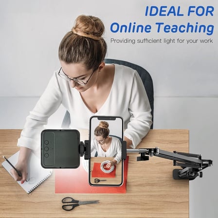 Üstten Çekim Masa Telefon Tutucu | Katlanabilir ve 360° Döner Ayarlanabilir Stand, Video Çekimi ve Canlı Yayın için Sabit Kelepçeli Tripod Braketi, + AY-49 Led Işık | CZ45
