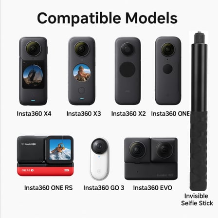 Görünmez Selfie Çubuğu, Insta360 X3, X2, X4, X5, ONE RS, GO 3, One X, Evo ile Uyumlu, Alüminyum Katlanabilir Uzatma Çubuğu, 1/4” Vidalı Bağlantı, 360° Görünmez Çekim (114cm)