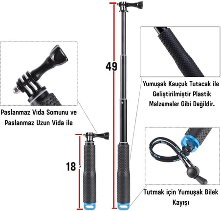 GoPro İle Uyumlu Selfie Çubuğu,GoPro/DJI İle Uyumlu Aksiyon Kamera Selfie Çubuğu,Alüminyum Gövde,Su Altı Kullanımına Uygun Paslanmaz Vida,Kaymaz Kauçuk Sap,Bilek Kayışı & Spor – Seyahat – Vlog İÇİN