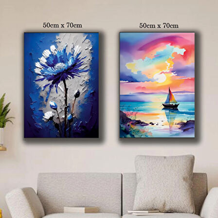mavi çiçek yelkenli manzara guaj boya görünümlü kanvas tuval tablo resim 2 adet 50x70 HD baskı